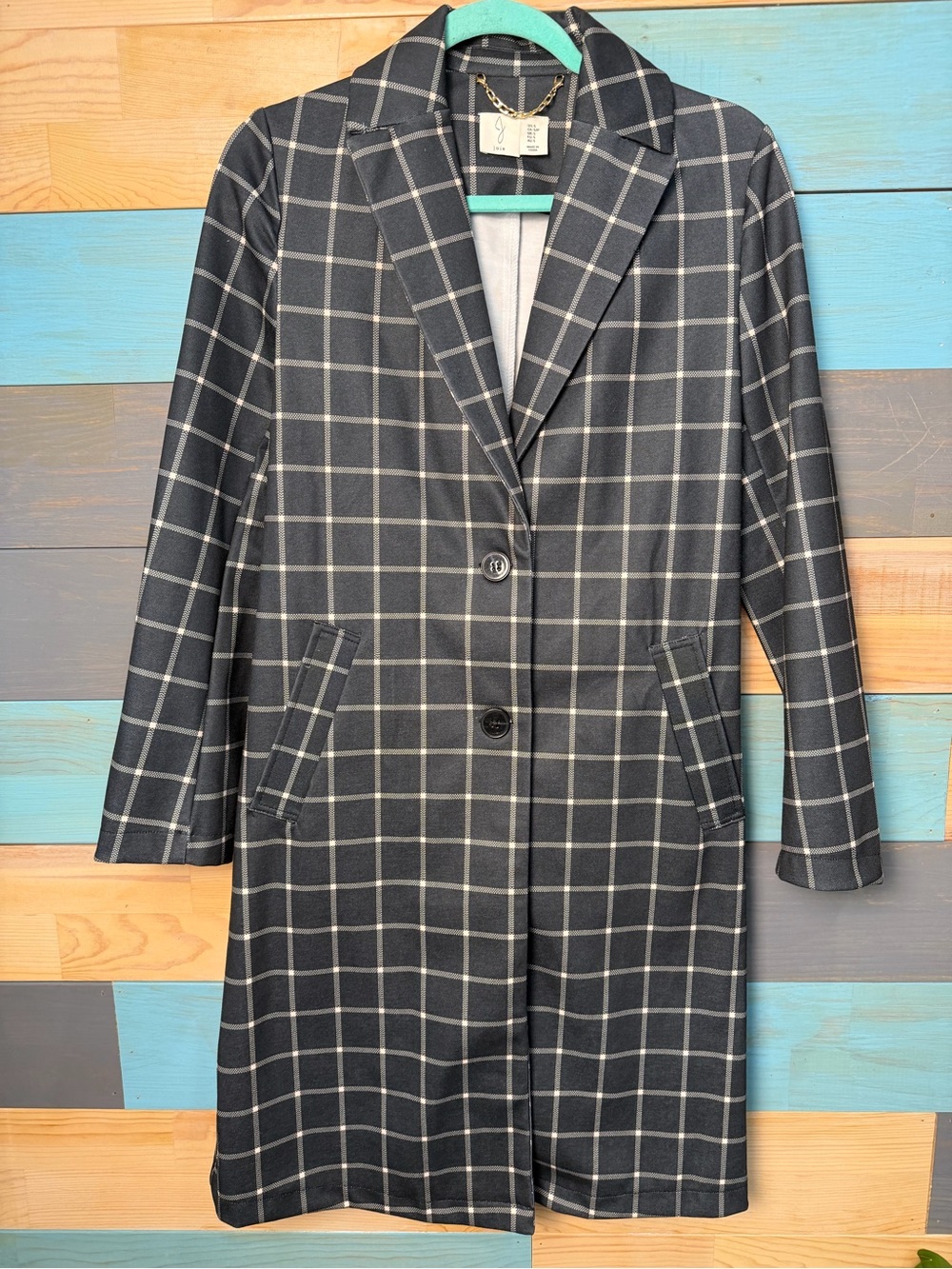 Joie Blue And White Windowpane Plaid Stretch Knit Trench Coat